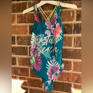 Justice Girls One Piece Swimsuit L (12/14) Green Floral Tropical Beach